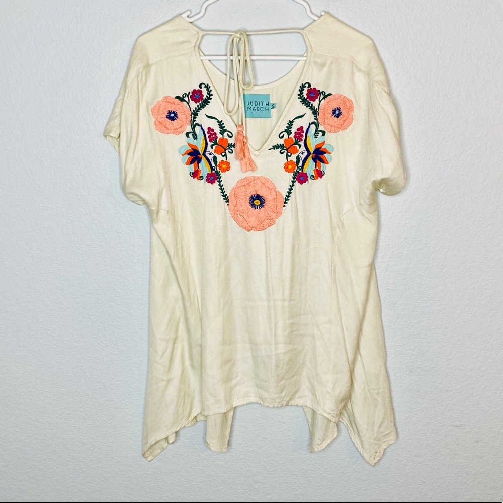 Judith March Embroidered Floral Tassel Blouse